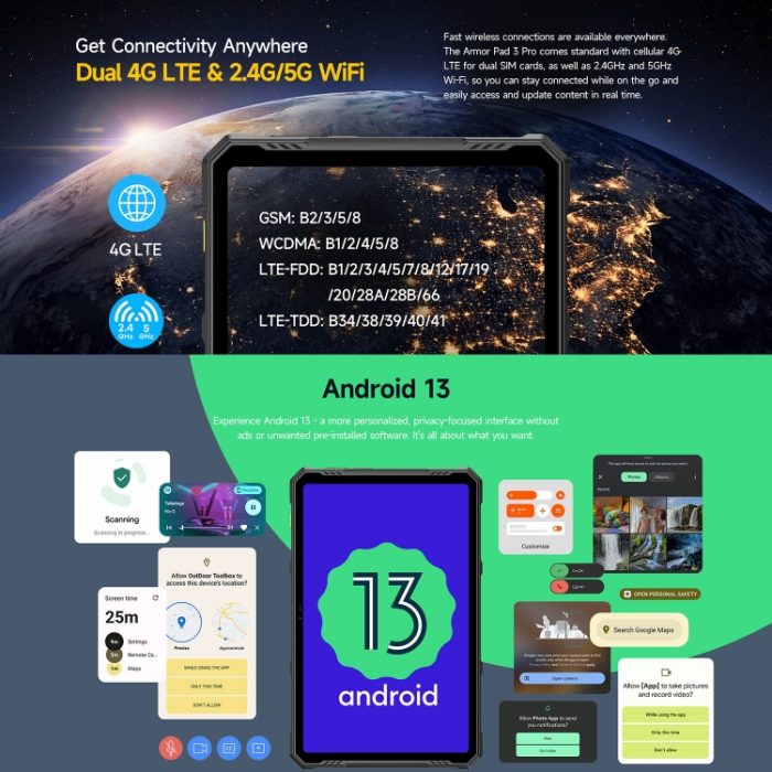 Ulefone Armor Pad 3 Pro Rugged Tablet, 10.36 inch Android 13 MediaTek MT8788 Octa Core 4G Network, 8GB+256GB Black - Image 16