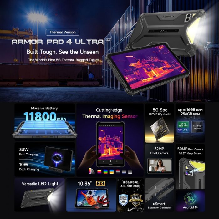 Ulefone Armor Pad 4 Ultra Thermal Version Rugged Tablet, 10.36 inch Android 14 MediaTek Dimensity 6300 Octa Core 5G, 8GB+256GB Black - Image 5